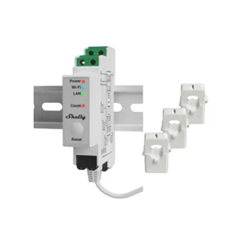 Energiezähler von Roth mit mehreren Anschlussklemmen und LED-Anzeigen für Stromversorgung, WLAN und LAN, sowie Resetknopf. Enthalten sind auch Sensoren für die Messung.